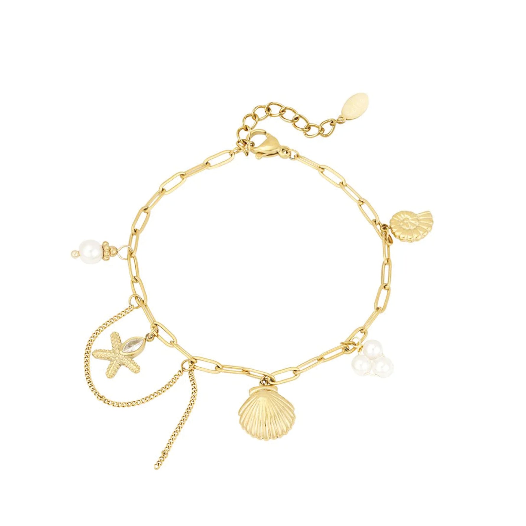 Beach Please armband van stainless steel met charms, elegant en oceaan-geïnspireerd design. Hypoallergeen en nikkelvrij.