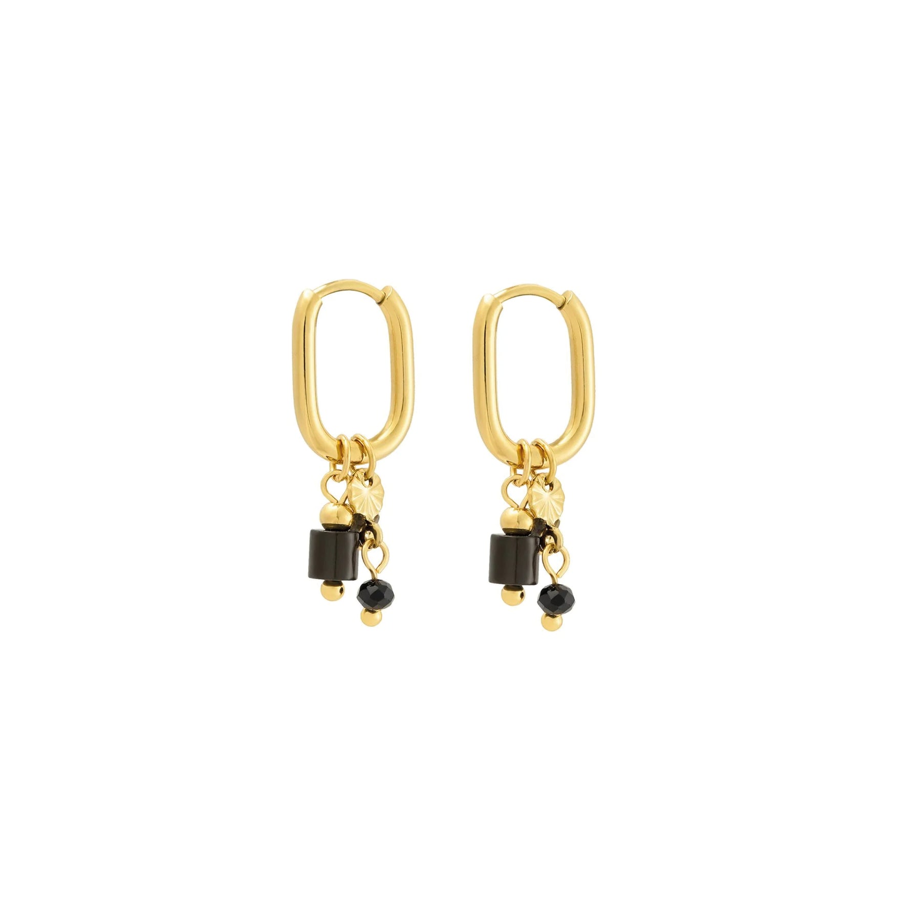 Bead Babe oorbellen met zwarte kralen en gouden details, speels en elegant design. Hypoallergeen en nikkelvrij.