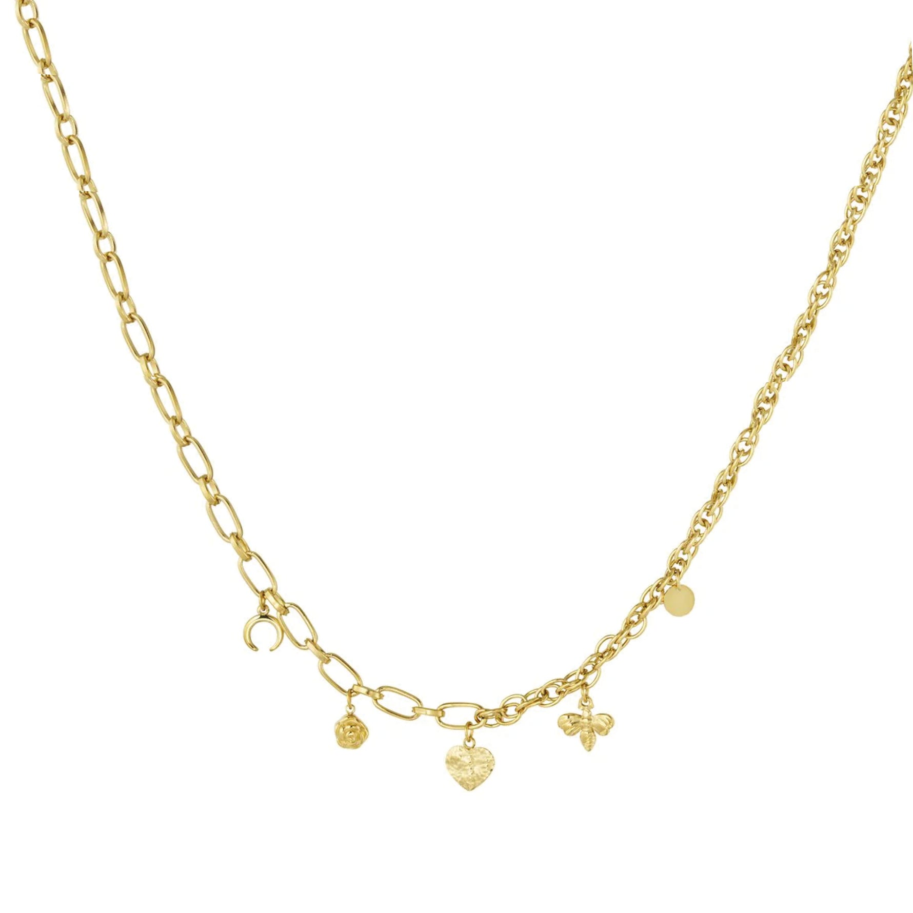 Sweet Charmer ketting van stainless steel met grove schakels en charms, trendy en speels design. Hypoallergeen en nikkelvrij.