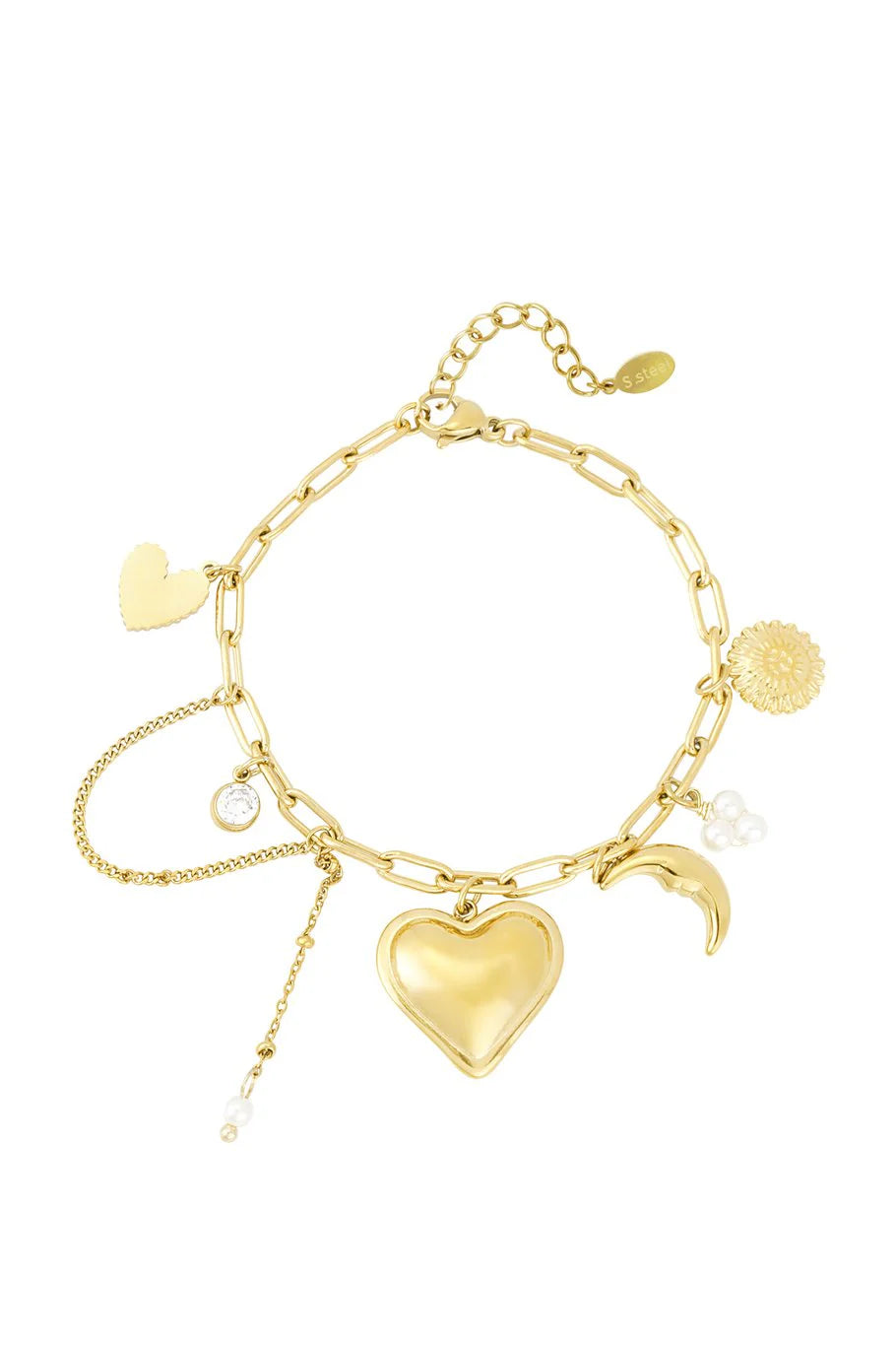 Cosmic Loop armband van stainless steel met delicate maanschijf charm, dromerig en elegant. Hypoallergeen en nikkelvrij.