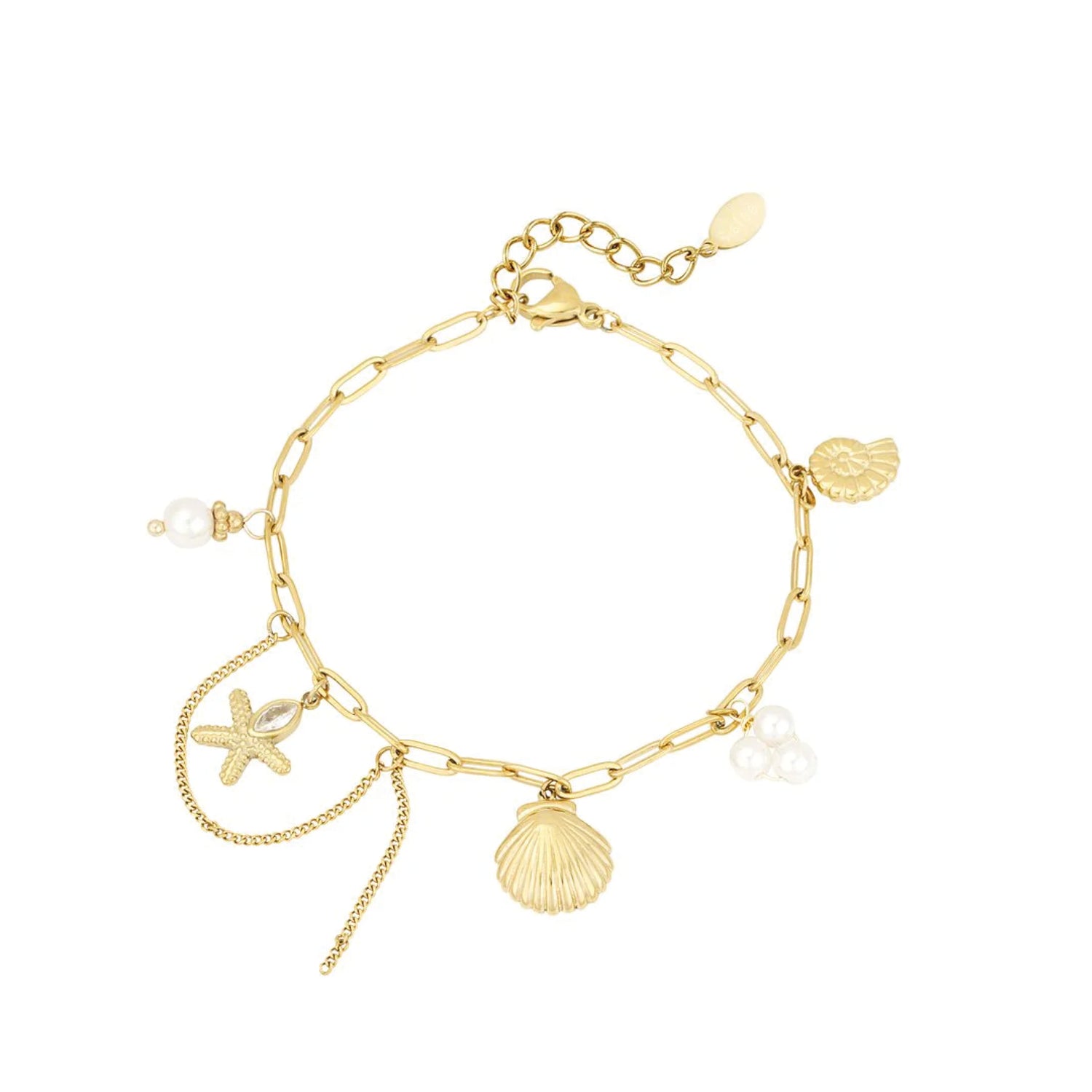 Beach Please armband van stainless steel met charms, elegant en oceaan-geïnspireerd design. Hypoallergeen en nikkelvrij.