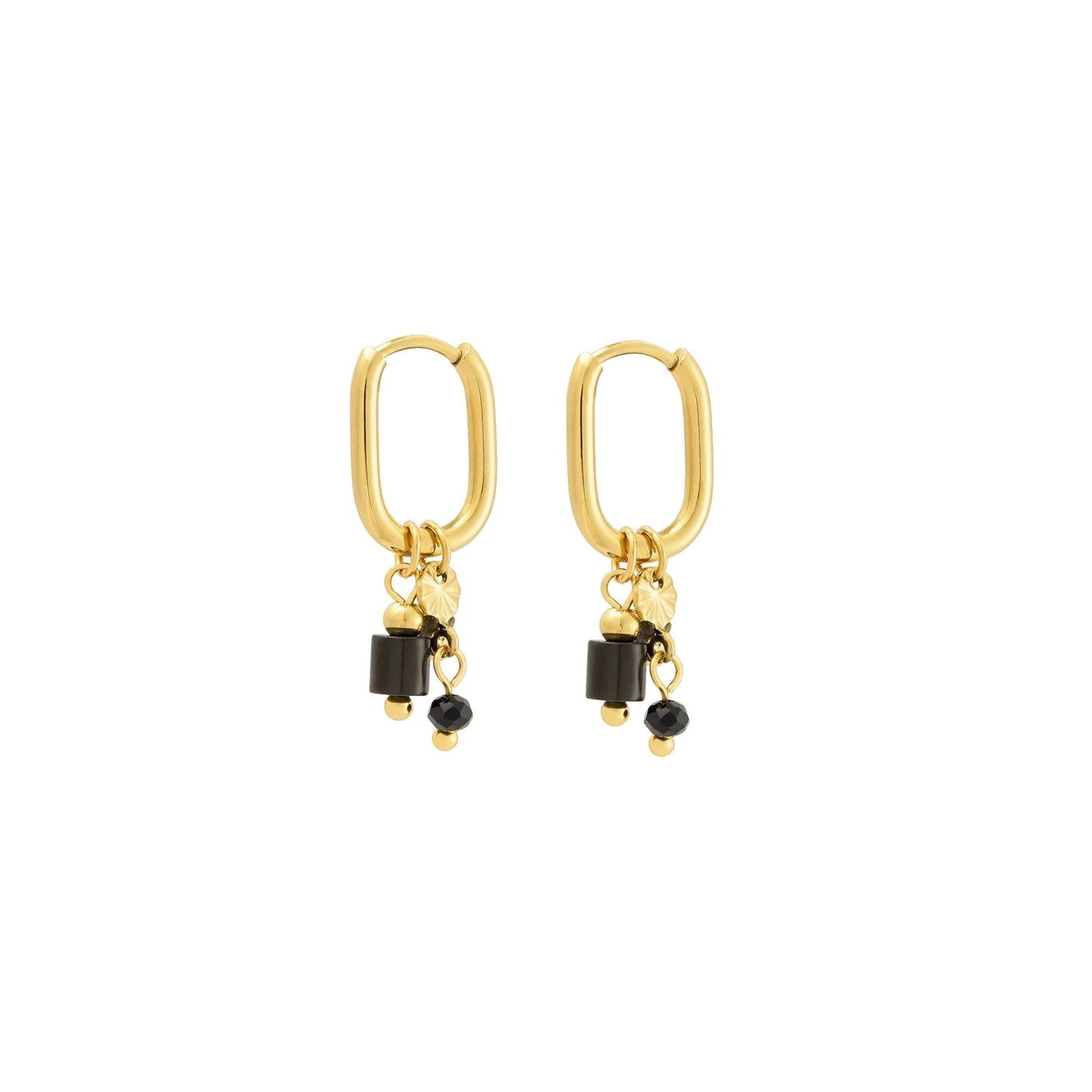 Bead Babe oorbellen met zwarte kralen en gouden details, speels en elegant design. Hypoallergeen en nikkelvrij.