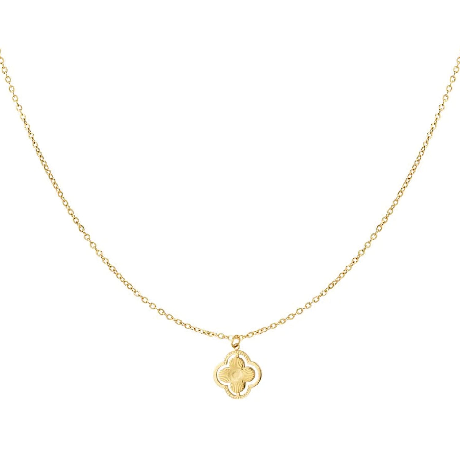 Four Real ketting van stainless steel met dubbele klavertjes vier, elegant en geluk brengend. Hypoallergeen en nikkelvrij.