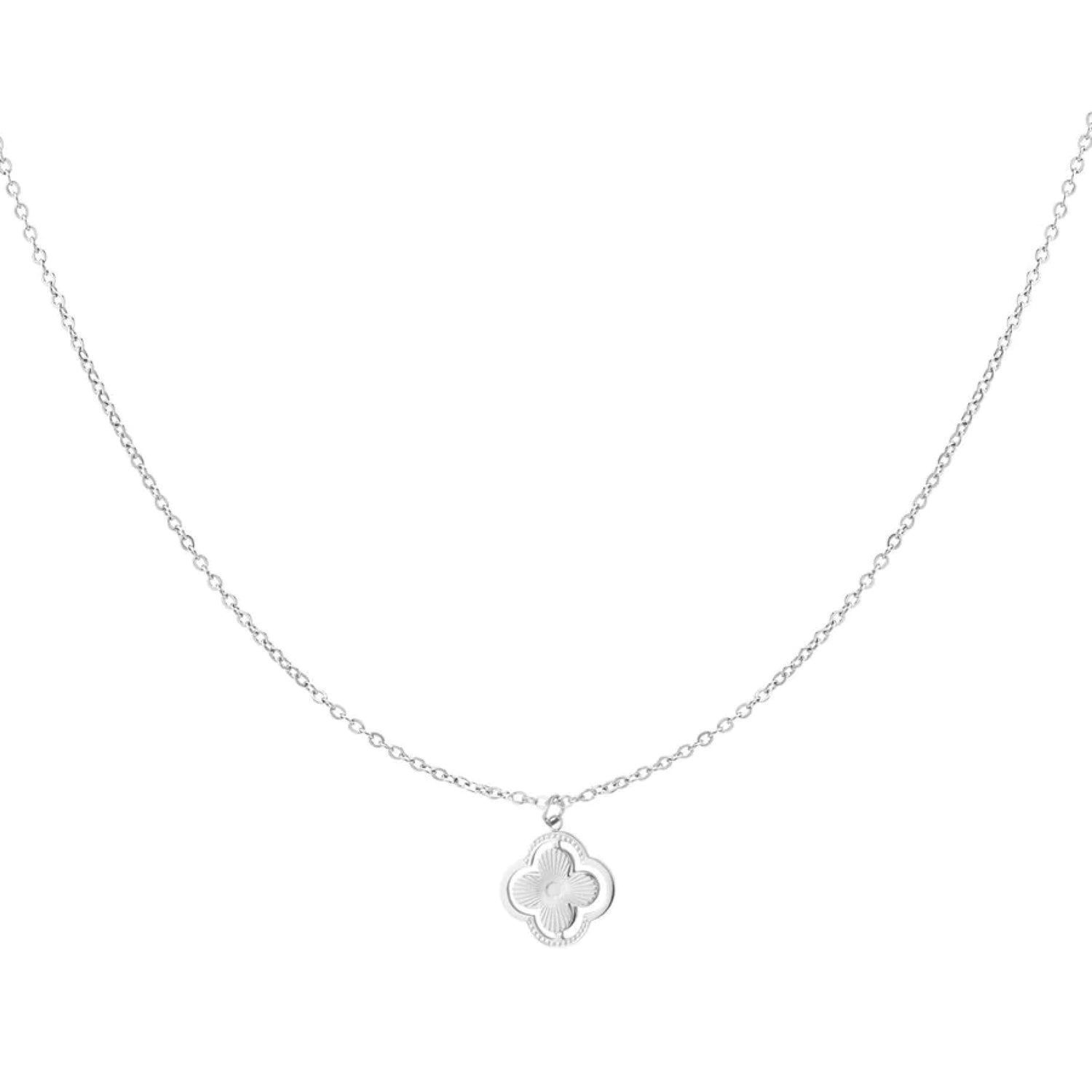 Four Real ketting van stainless steel met dubbele klavertjes vier, elegant en geluk brengend. Hypoallergeen en nikkelvrij.