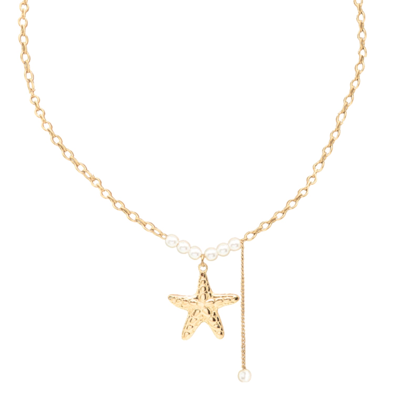 Starfish Status ketting van roestvrij staal met zeesterbedel en parels, beachy, charmant en verfijnd, waterproof en duurzaam.