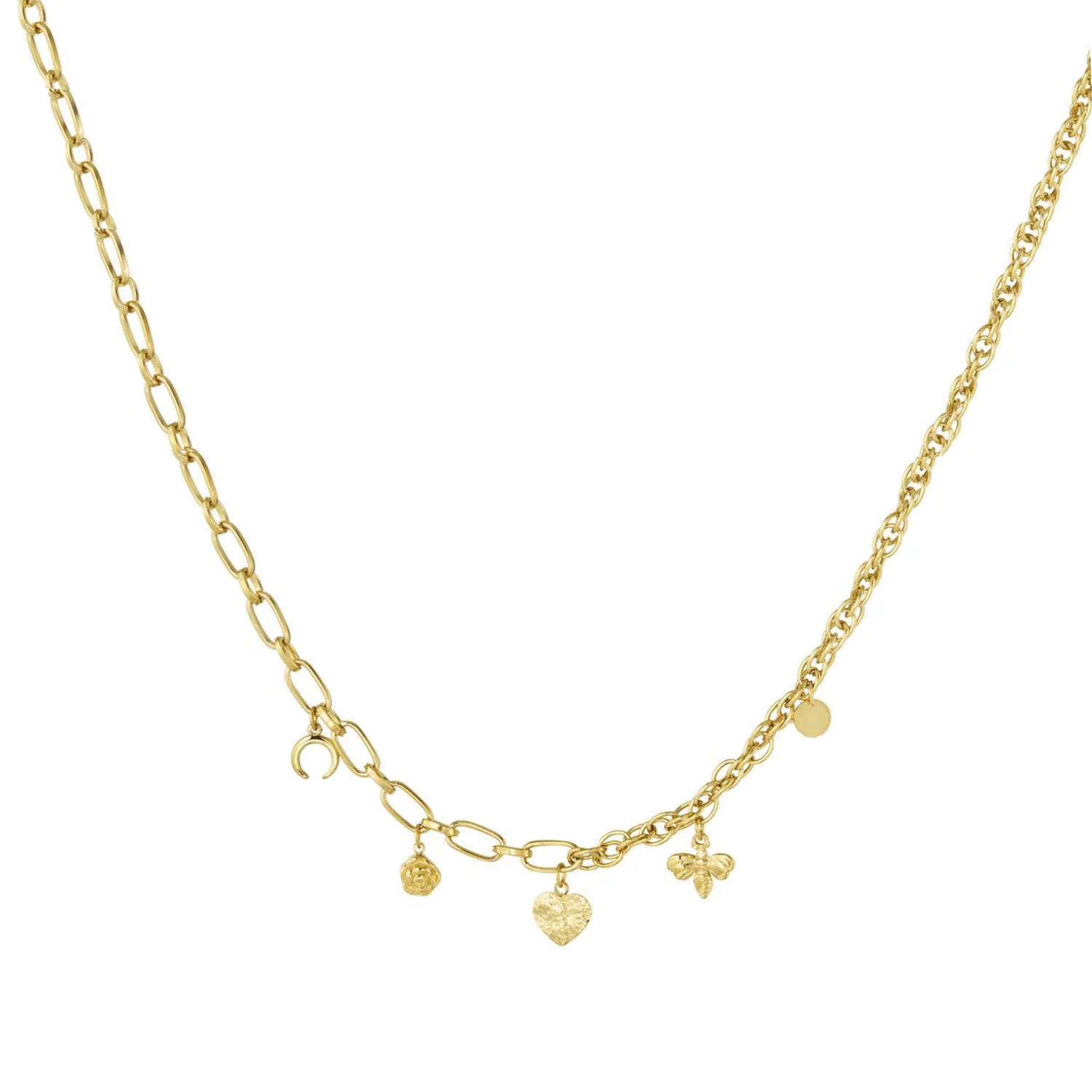 Sweet Charmer ketting van stainless steel met grove schakels en charms, trendy en speels design. Hypoallergeen en nikkelvrij.